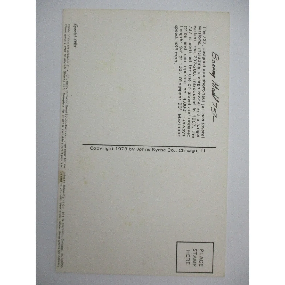 Vintage 1973 United Airlines Boeing 737 Postcard Roy Andersen Collectors Series